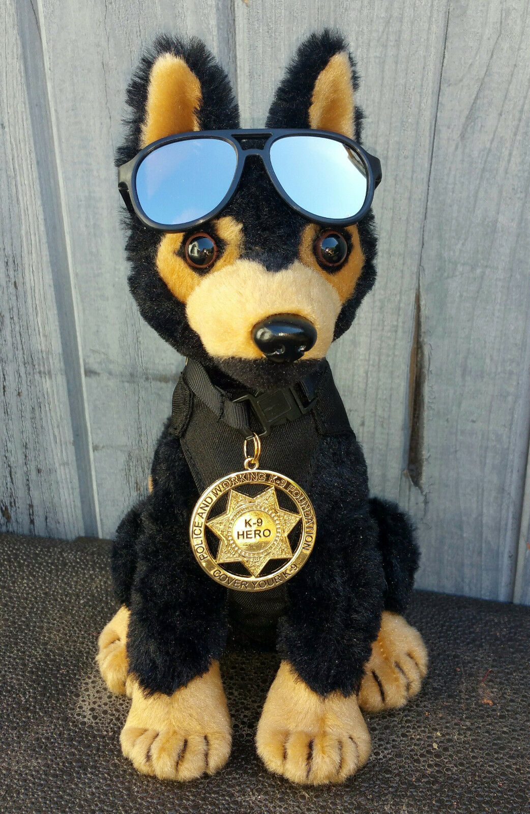 Black Tan German Shepherd Plush Police Dog W K9 Badge Mirrored Aviators Charity