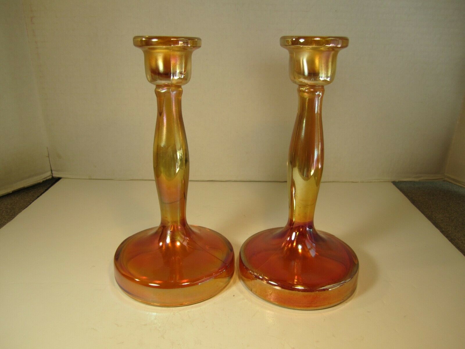 Unusual Old Beautiful Dark Marigold Carnival Glass Candle Stick Holders