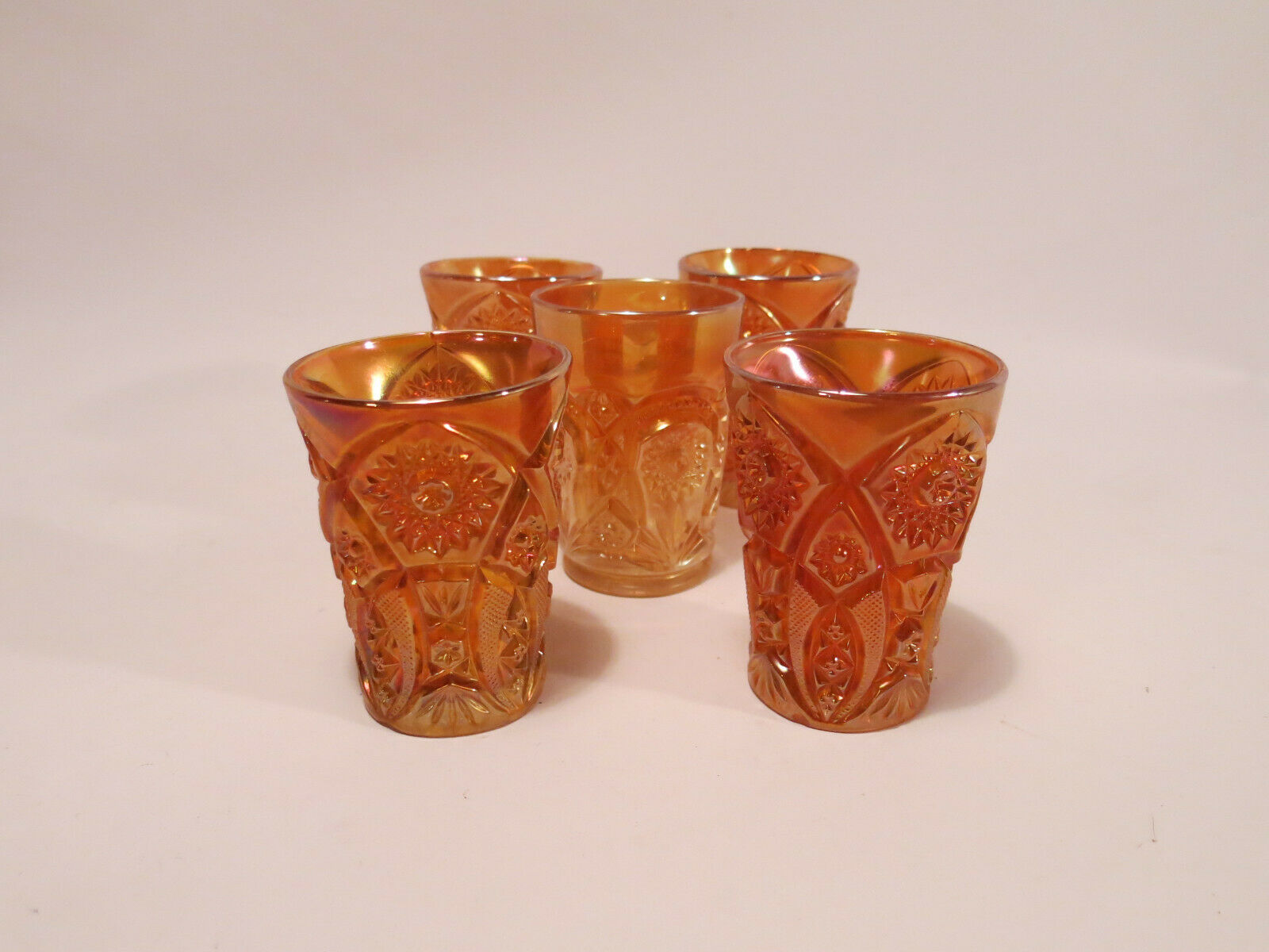Set Of (5) Vtg Orange Irridescent Carnival Glass Drinking Glasses Tumblers
