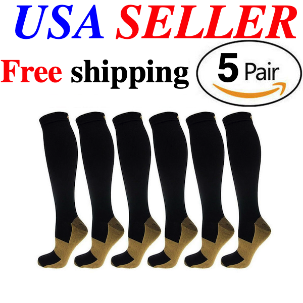 (5 Pairs) Copper Compression 20-30mmhg Graduated Support Socks Mens Womens S-xxl