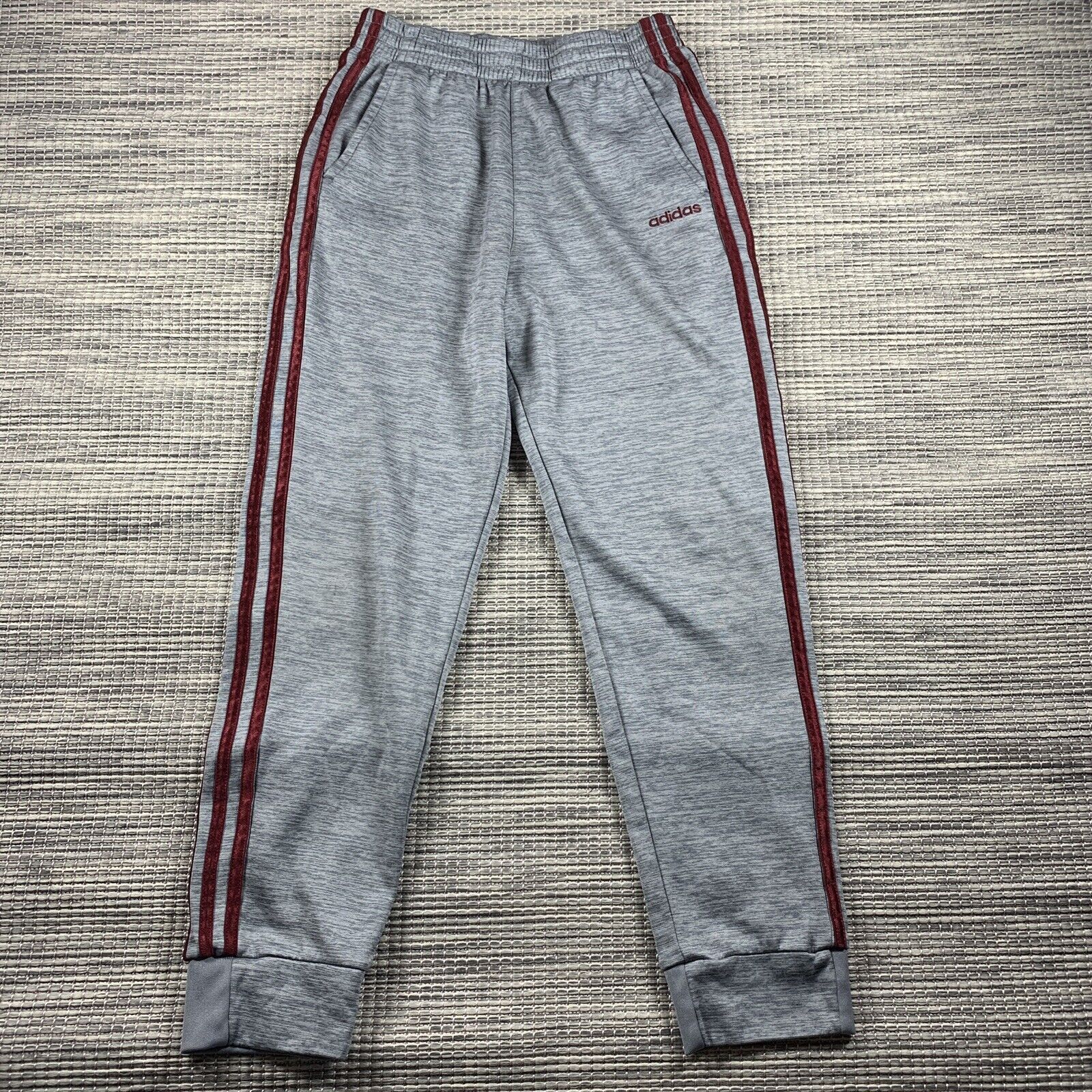 Adidas Joggers Track Pants Size YXL 18-20 Gray Maroon Striped Pockets Youth Boys