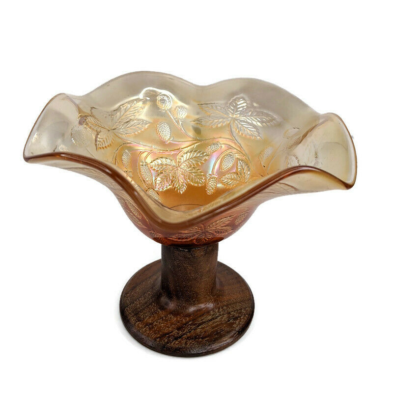 Vintage Carnival Glass Candy Dish Bowl Vase Attached Wooden Stand Thistle Leaf