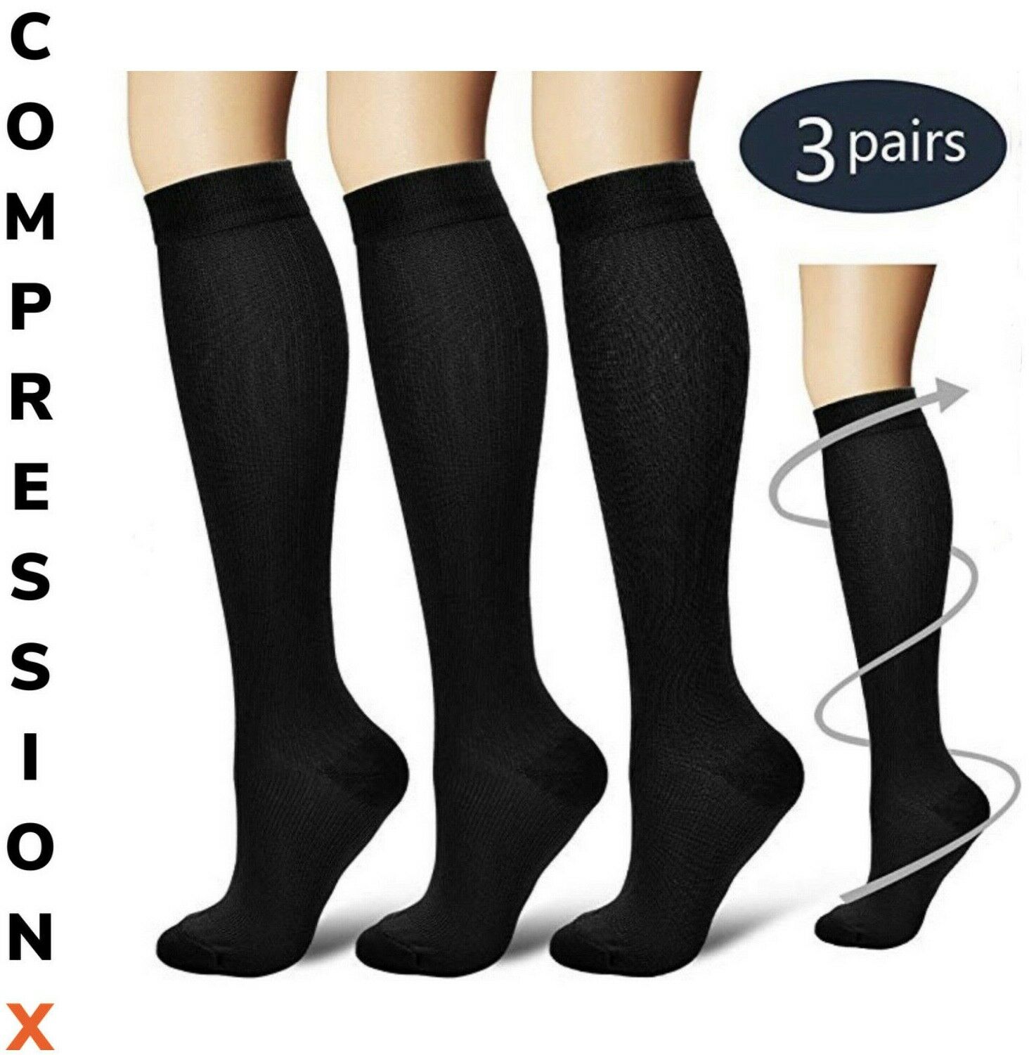 (3 Pairs) S-xxxl Compression X Socks Knee High 20-30mmhg Graduated Mens Womens