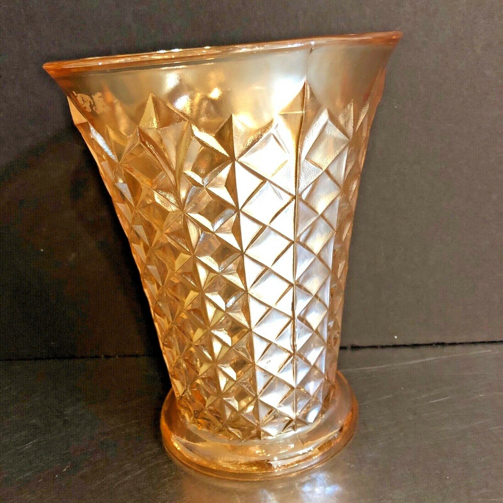Depression Glass Vase Diamond Point Fenton Clam Broth Marigold Carnival Made Usa