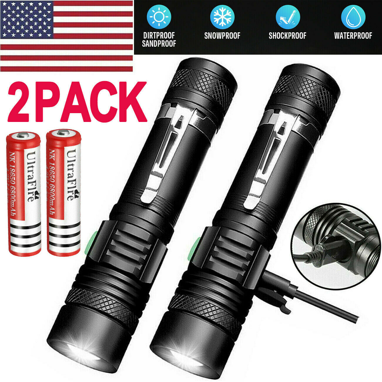 2 PACK 90000lm Flashlight 3Modes Rechargeable USB T6 LED Tactical Zoomable Torch