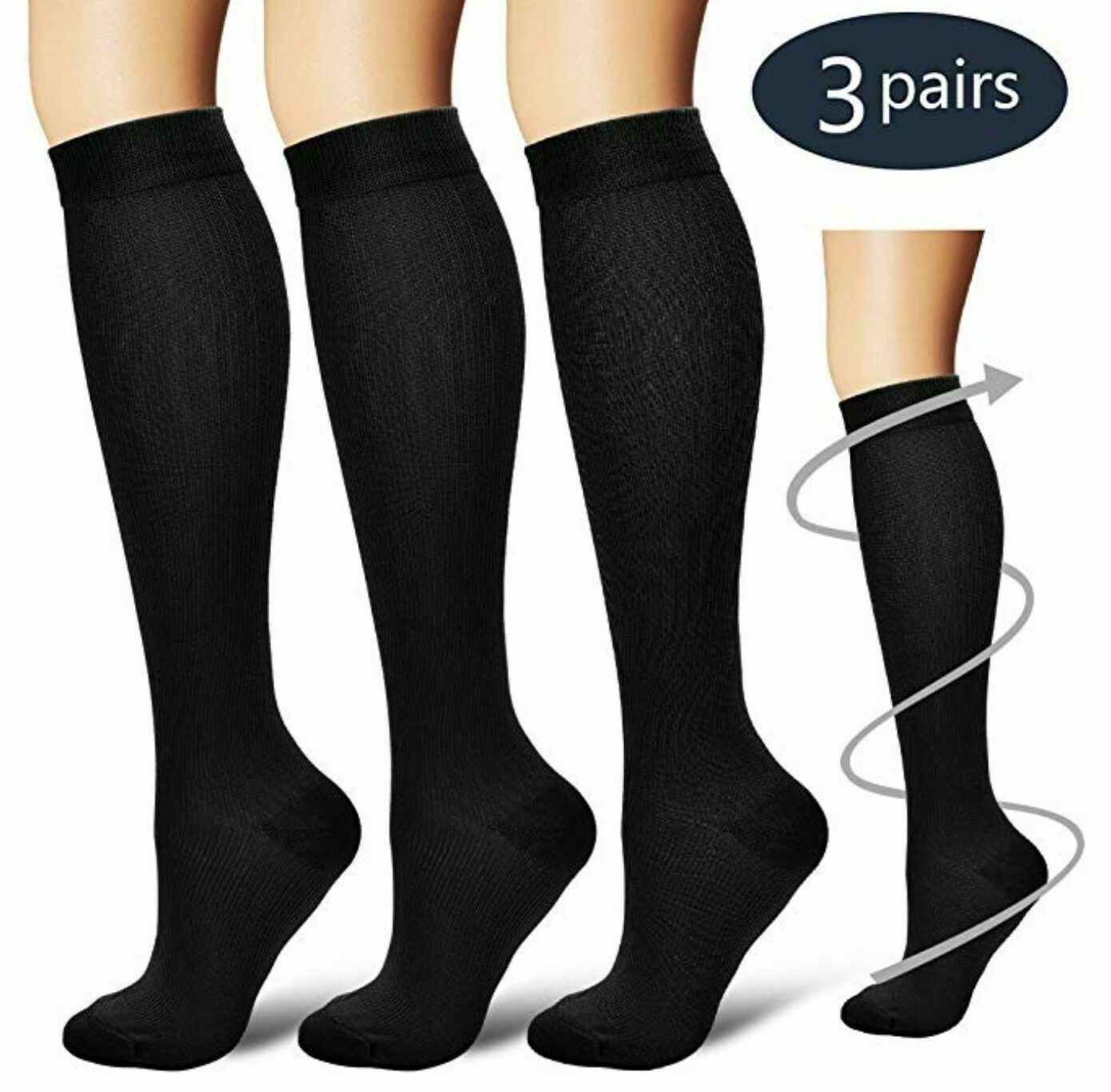 (3 Pairs) S-xxxl Compression Socks Knee High 20-30mmhg Graduated Mens Womens