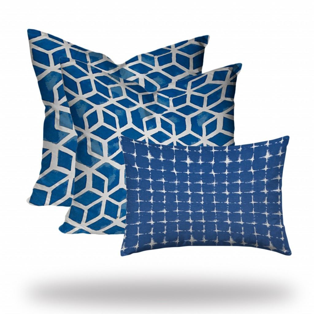 Durable Set Of 3 Blue Geo Star Indoor Outdoor Zippered Pillow Covers