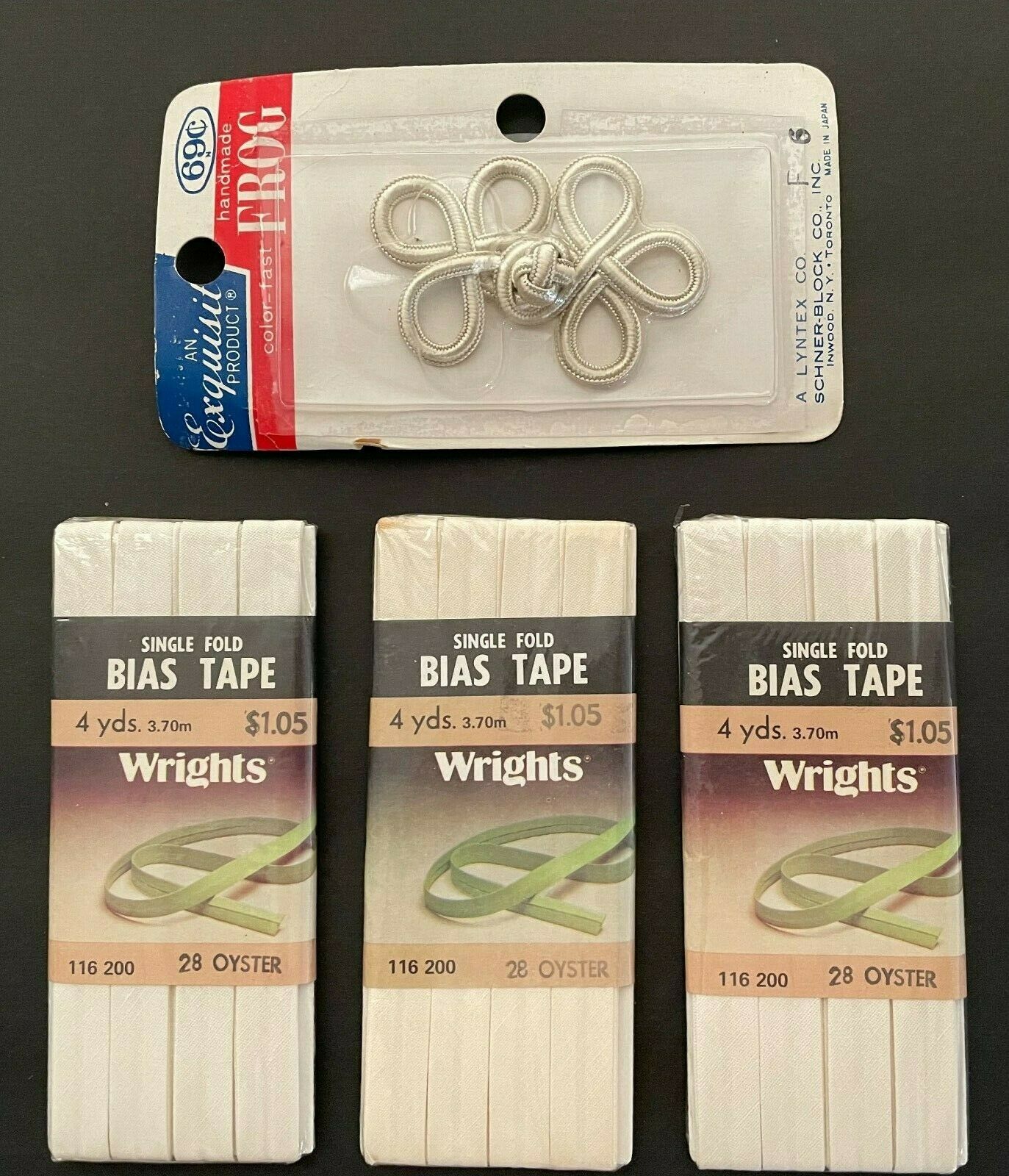 Chinese Frog Closure & 3 Pkg Wright's Bias Tape Lot Oyster Cream Ivory Vtg Japan