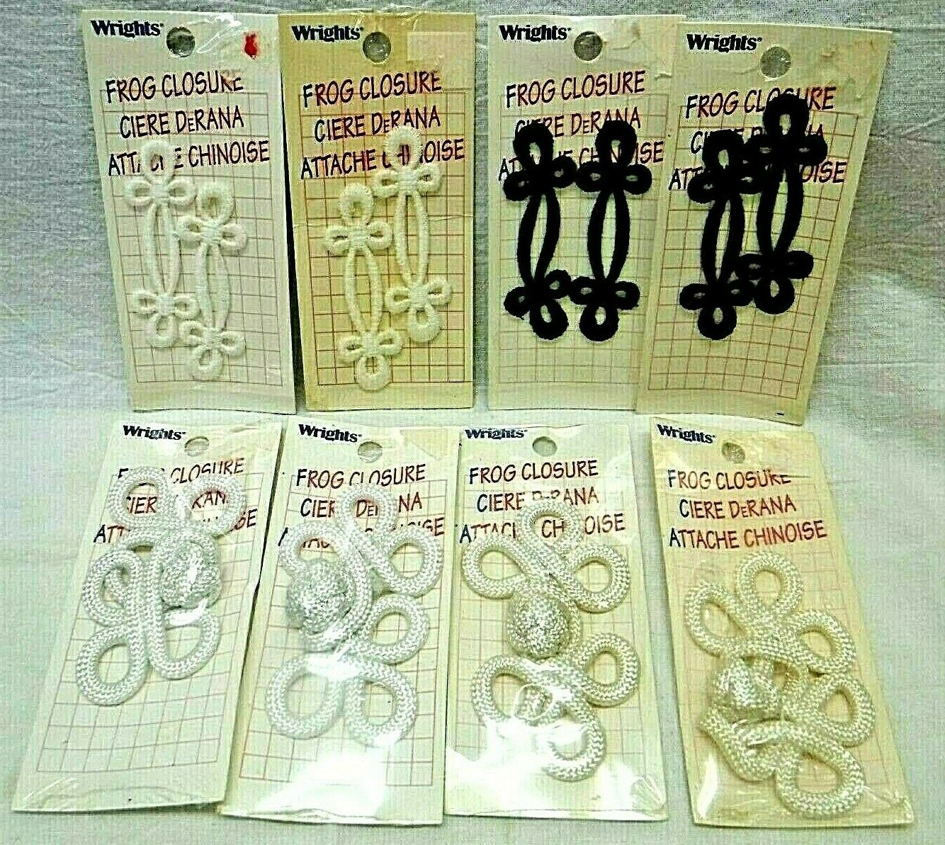 Nip 8 Vintage Pkgs Wright's Frog Closures Black, White, Rayon Polyester 12 Frogs