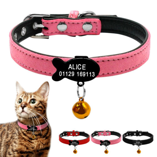 Soft Suede Leather Personalized Cat Kitten Collars With Bell Free Engraved Name