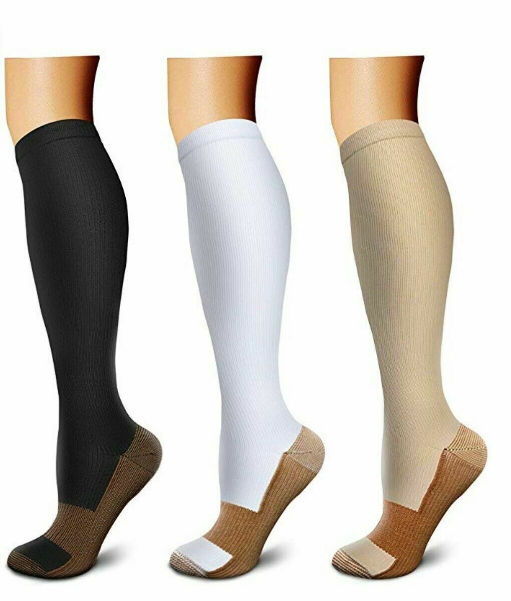 (3 Pairs) (s-xxxl) Copper Compression Support Socks 20-30mmhg Knee High Unisex