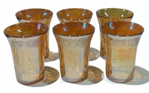 SET of 6 Federal FRUIT LUSTRE Marigold Carnival Glass Fluted Interior Tumblers
