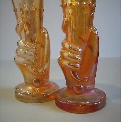 Pair Vintage Carnival Glass Jain Hand Vase